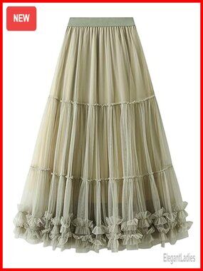 Women's Long Tulle Maxi Skirt Pleated A-Line Elastic Waist Layered Tutu Skirt